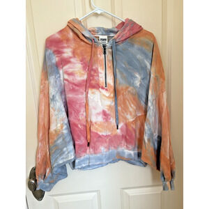 PINK Women Sweatshirt Larg Blue Tie Dye Hoodie Cropped 1/2 Zip Victoria's Secret